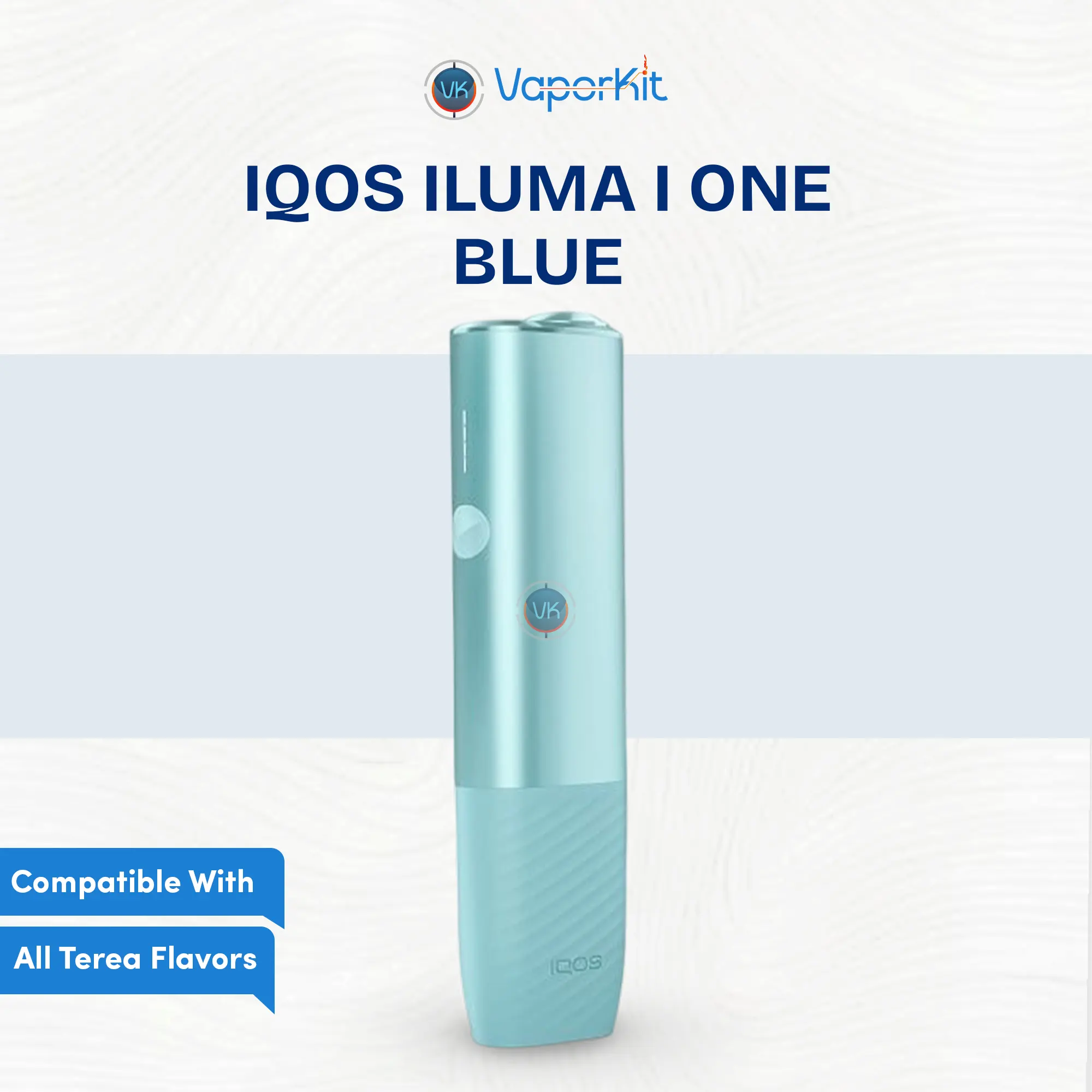 IQOS ILUMA i One Breeze Blue handheld device showing matte sapphire finish and LED bar