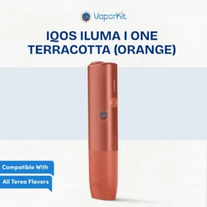 IQOS ILUMA i ONE Vivid Terracotta device in a metallic burnt-orange finish, showing the sleek all-in-one design and LED indicators.