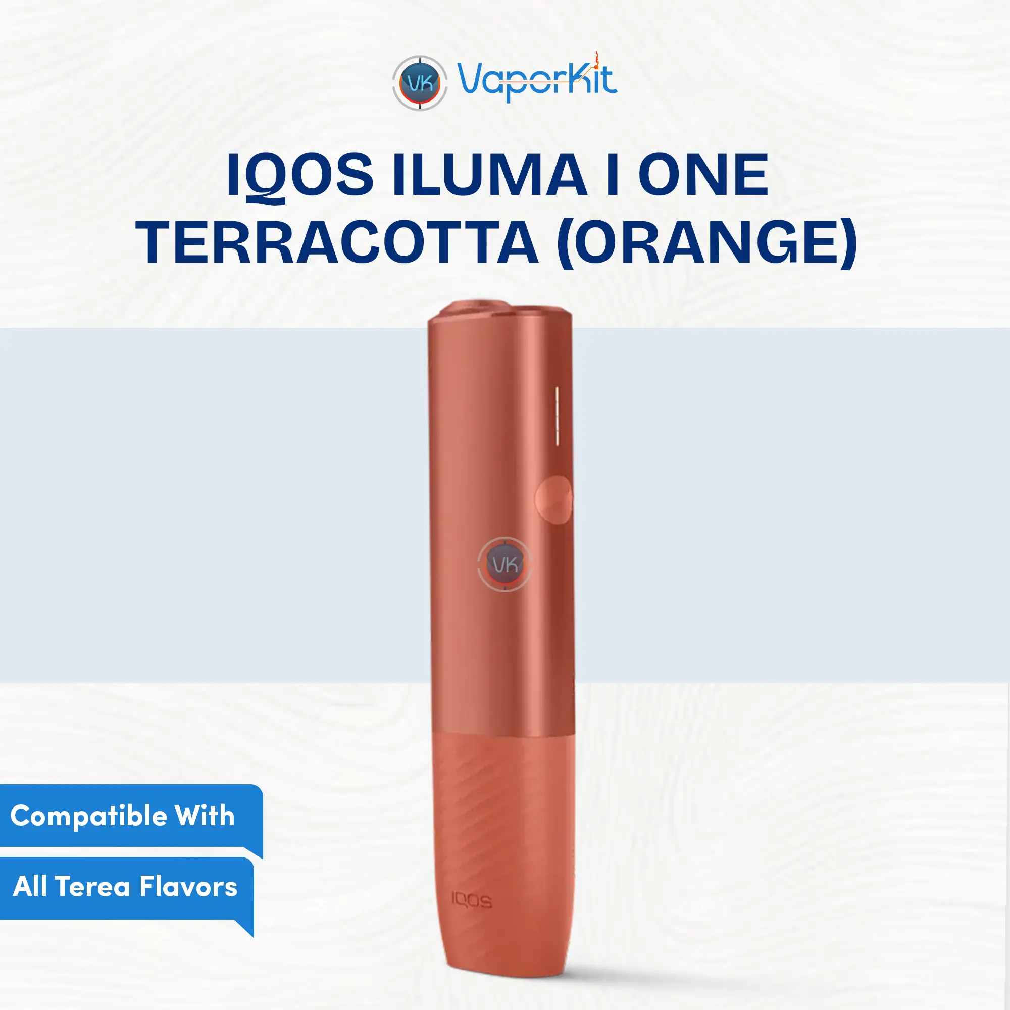 IQOS ILUMA i ONE Vivid Terracotta device in a metallic burnt-orange finish, showing the sleek all-in-one design and LED indicators.