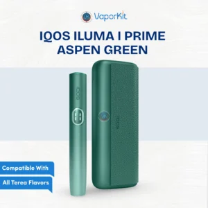 IQOS ILUMA i Prime Aspen Green luxury device showing FlexBattery and Touch Screen features - 2026 UAE Edition