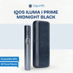 IQOS ILUMA i Prime Midnight Black matte device with touch screen and leather wrap