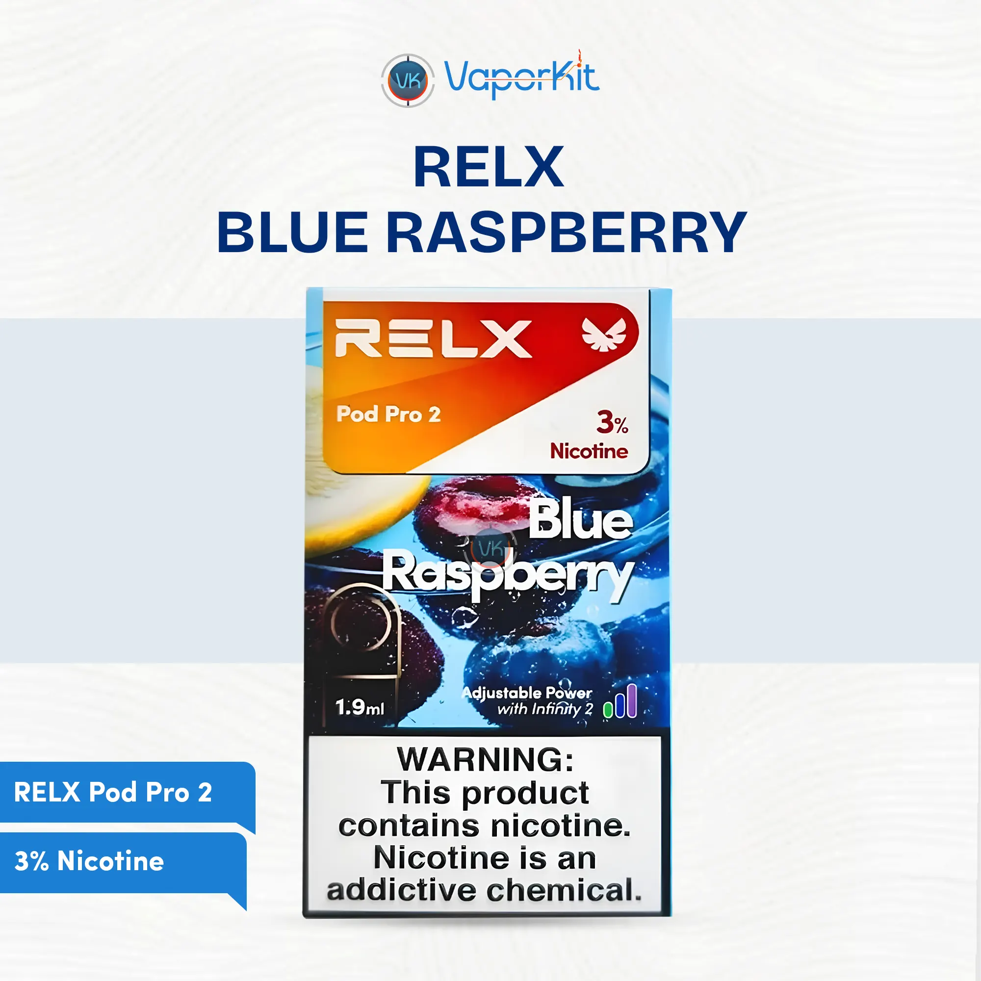 RELX Pod Pro 2 Blue Raspberry 3% vape pod pack with 1.9ml nicotine pod packaging