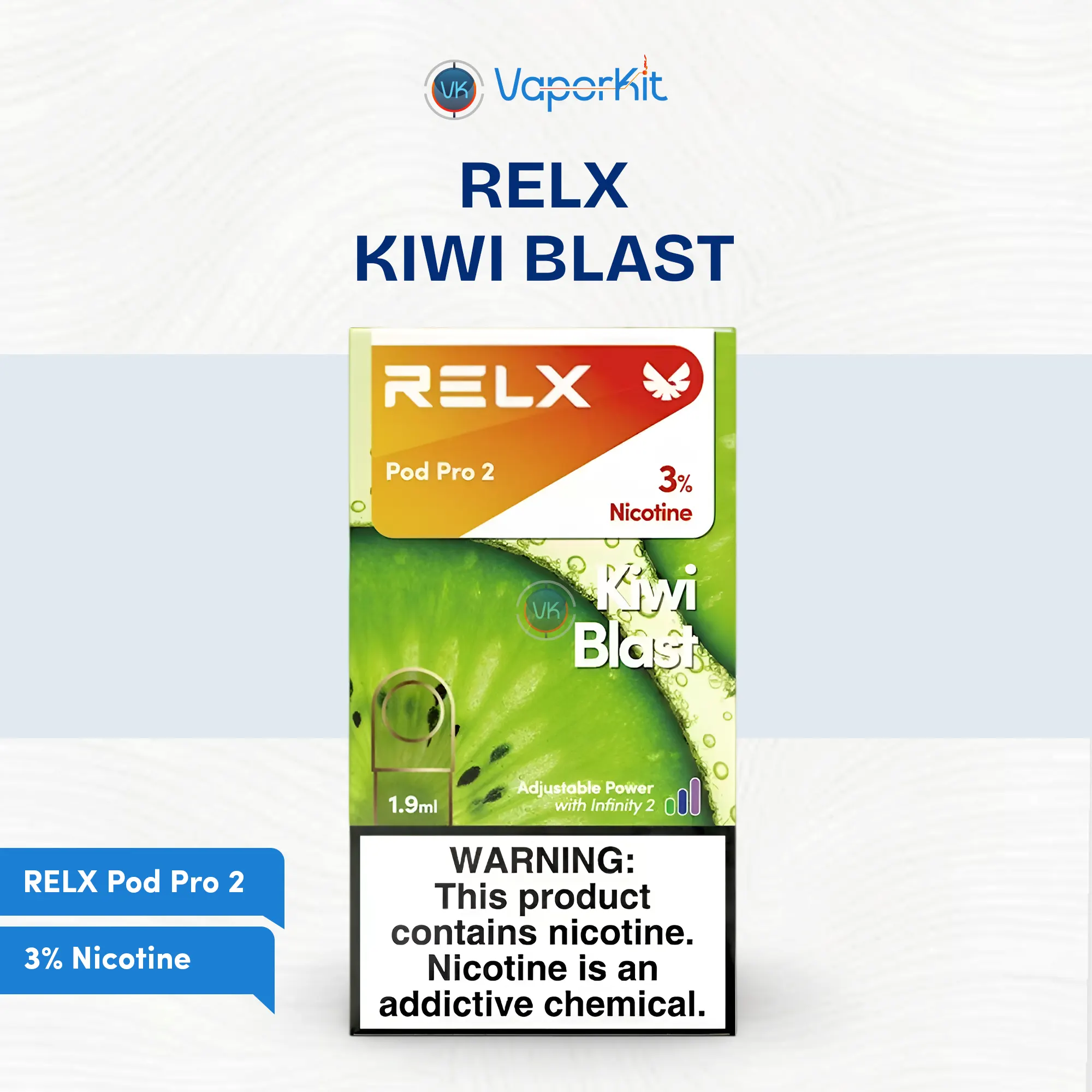 RELX Pod Pro 2 Kiwi Blast 3% - Enjoy a refreshing kiwi flavor with this premium vape pod for RELX devices.