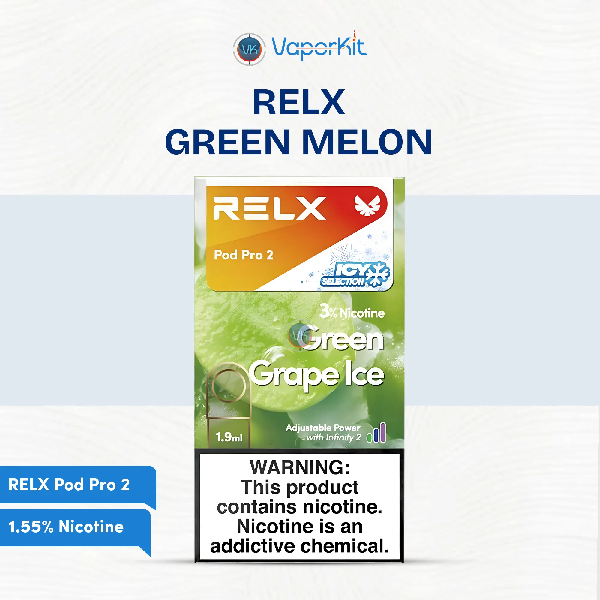 Relx Pod Pro 2 Green Melon 1.55% vape pod with fresh green melon flavor and 1.55% nicotine for smooth vaping