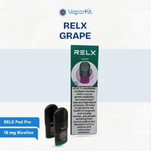 RELX Pod Pro Grape 18mg packaging and pod design front view