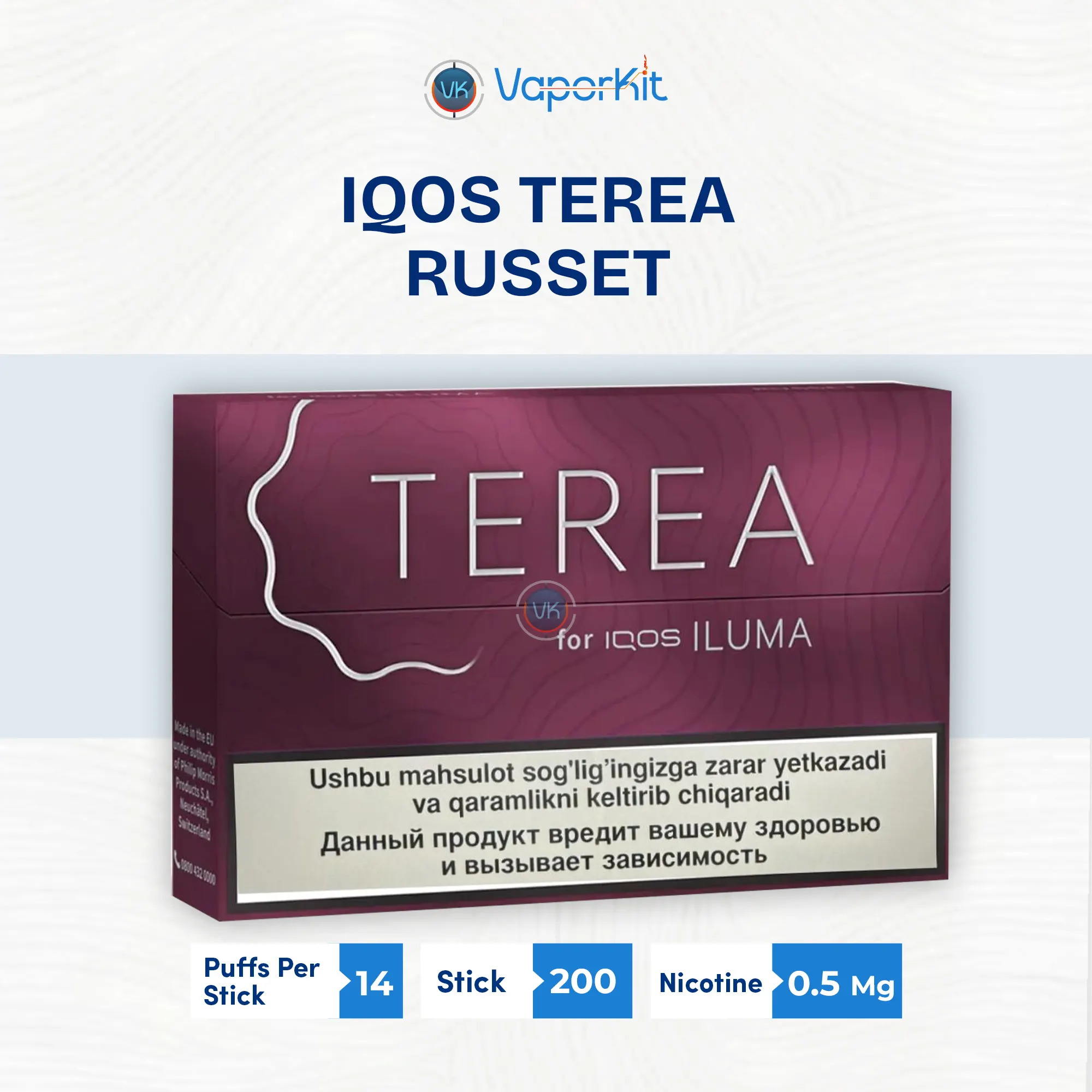 Close-up of a TEREA Russet Uzbekistan stick highlighting the robust tobacco profile and induction tech.