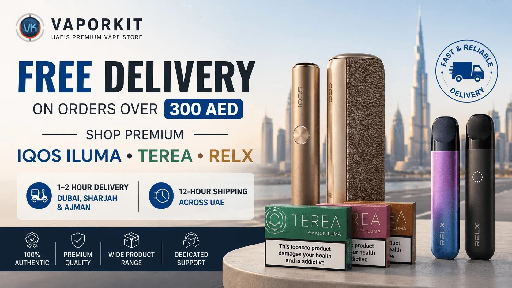 Vaporkit Free Delivery on Orders Over 300 AED for TEREA, ILUMA & RELX Products